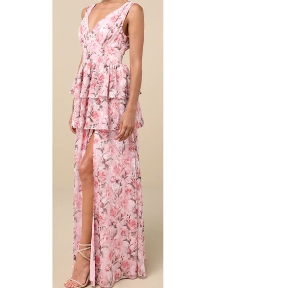Lulus Graceful Approach Blush Pink Floral Jacquard Tiered Maxi Dress XL NWOT - Picture 3 of 9